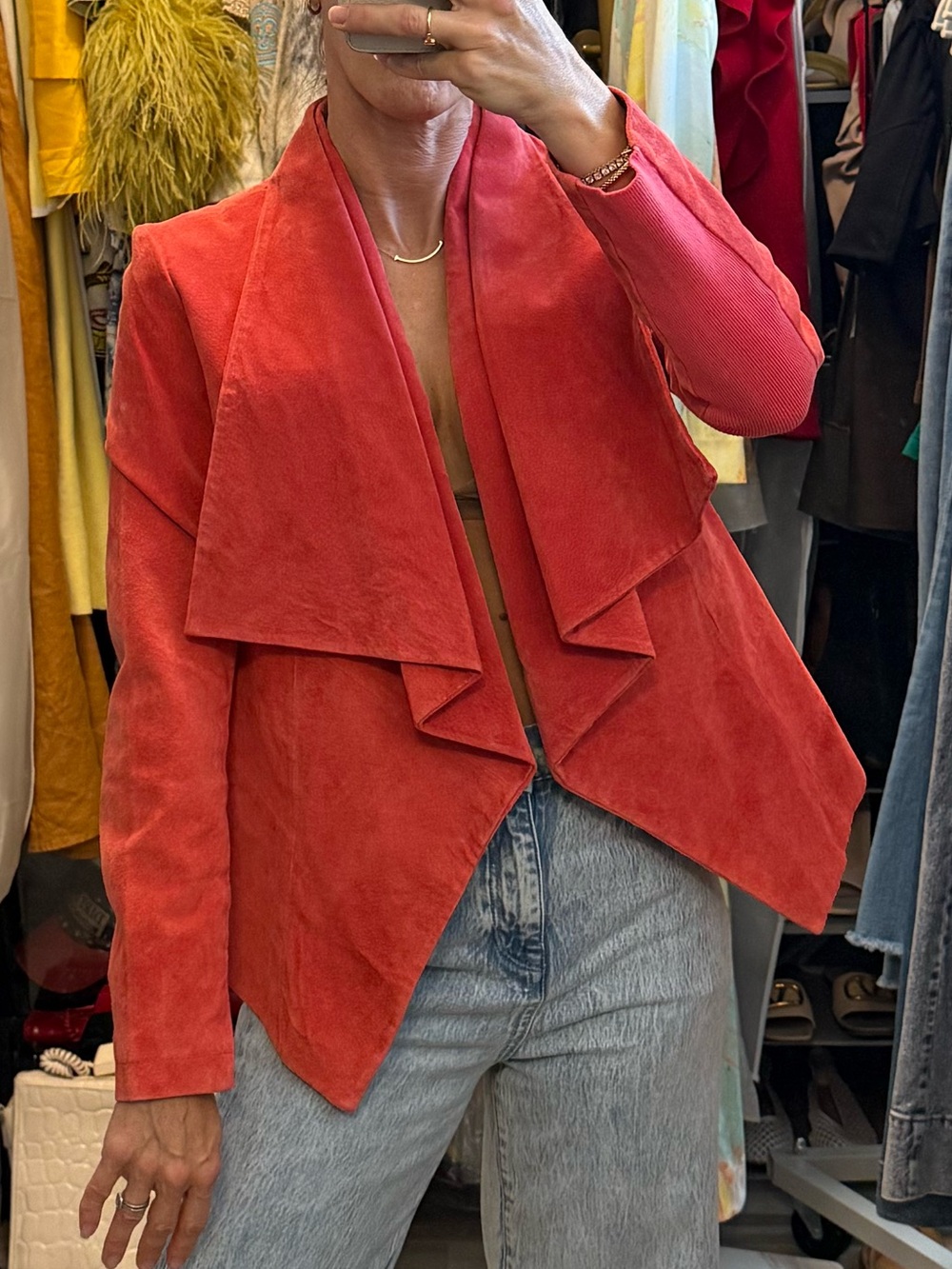 Genuine Leather Suede Open Front Jacket